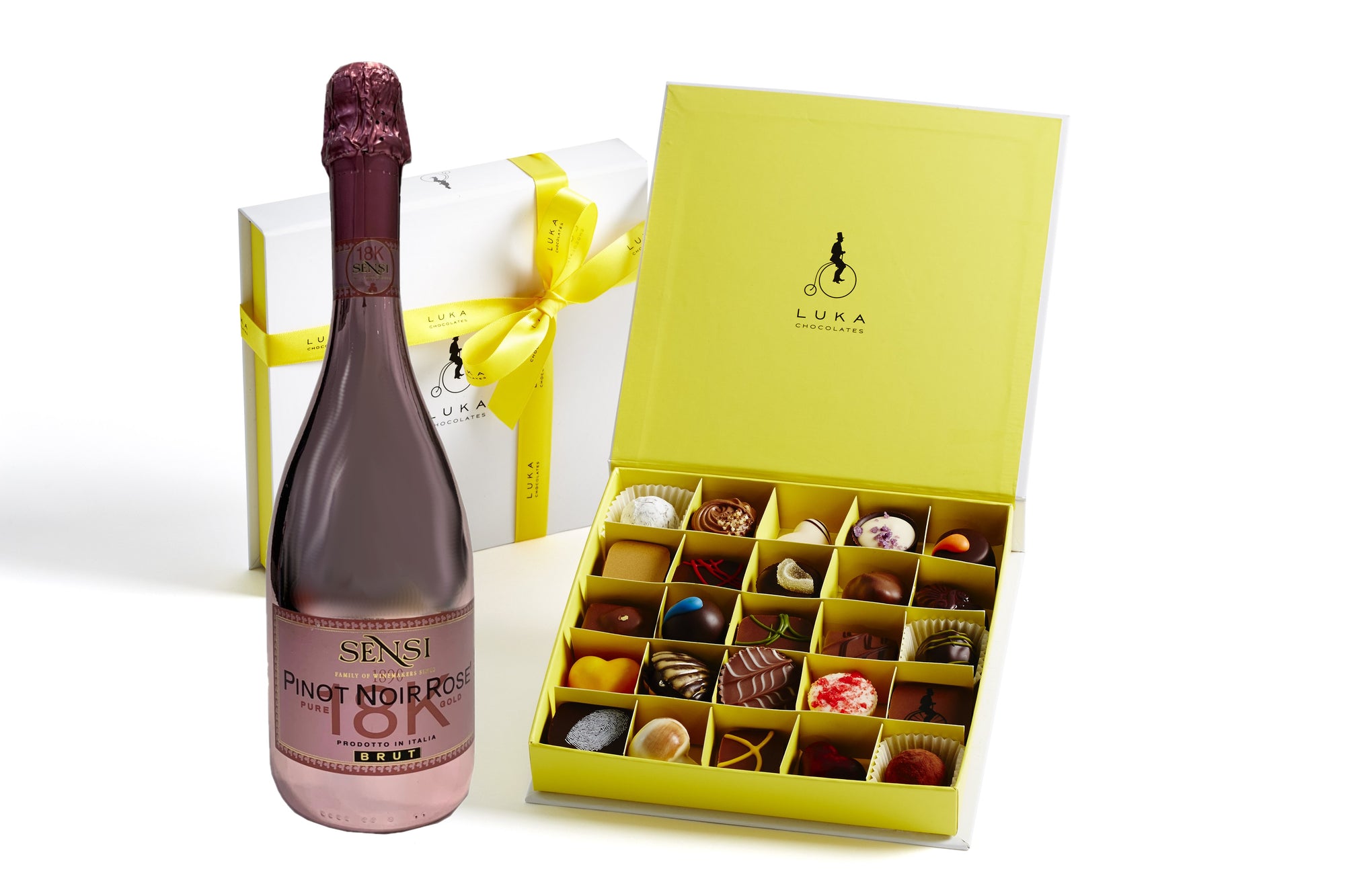Chocolate Gift Box paired with a 750ml bottle of Sensi Pinot Noir Rose